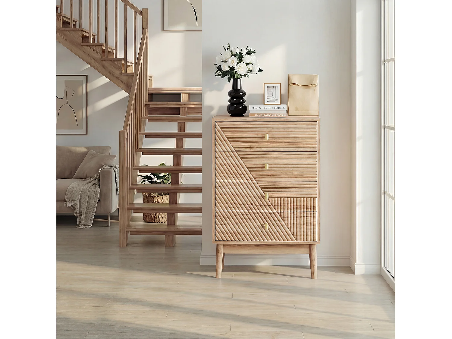 Commode scandinave 4 tiroirs effet bois chêne 4 tiroirs sculptées et pieds évasés 60x40x90cm