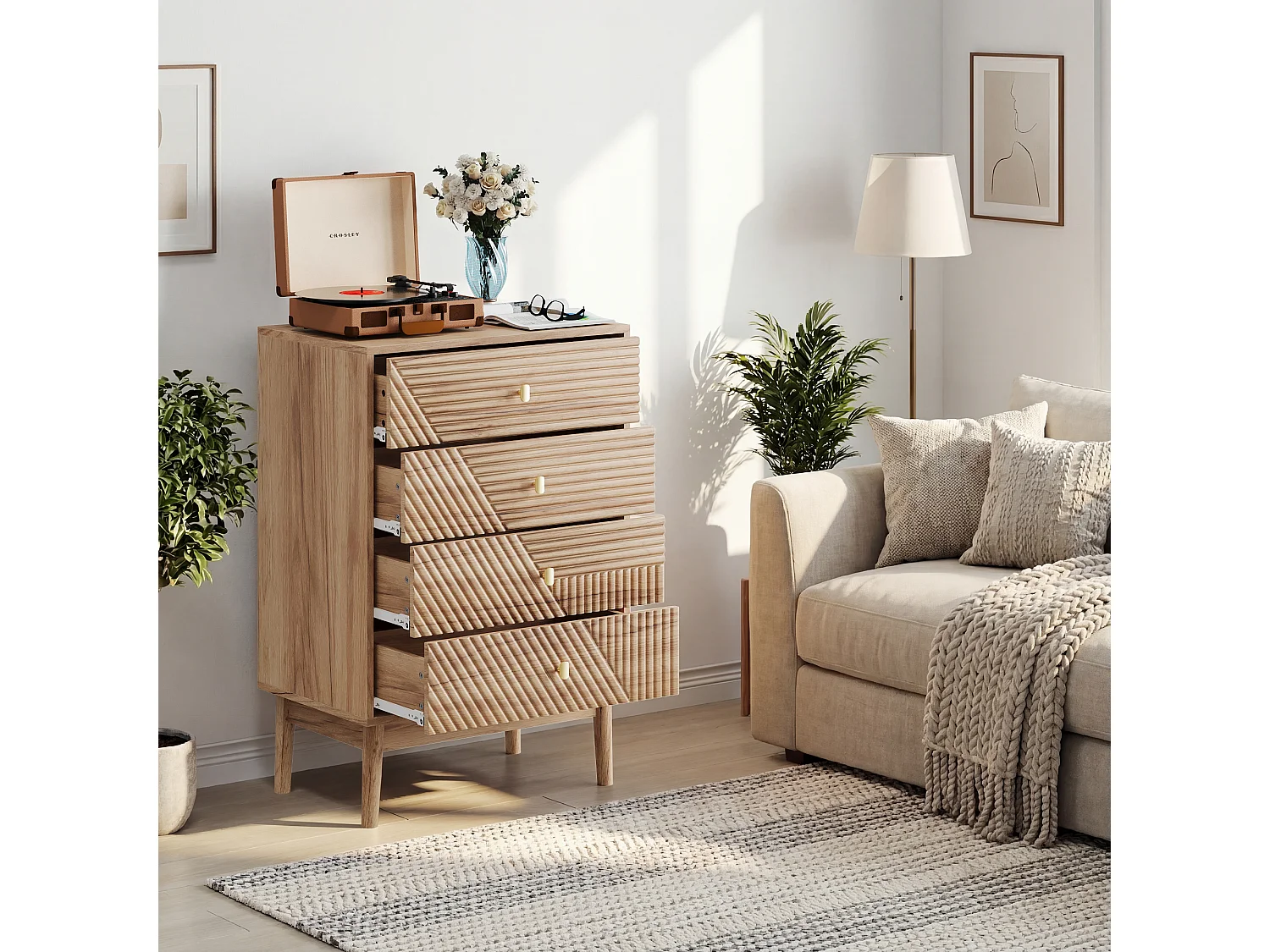 Commode scandinave 4 tiroirs effet bois chêne 4 tiroirs sculptées et pieds évasés 60x40x90cm