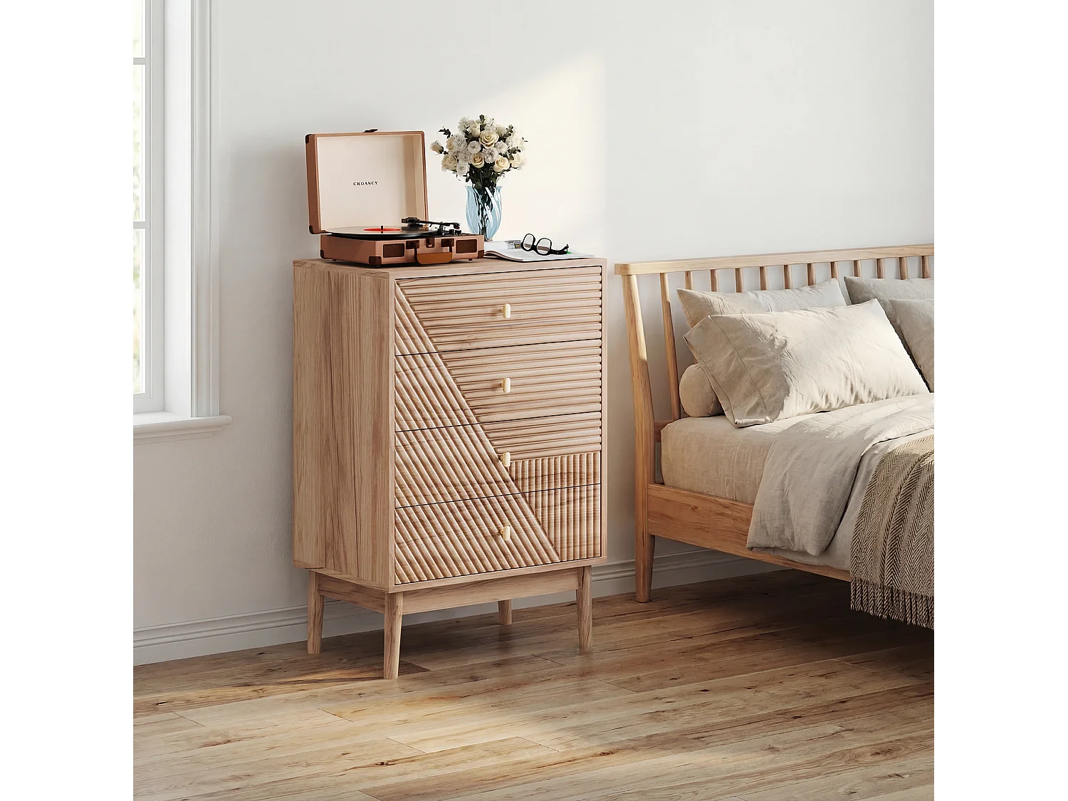 Commode scandinave 4 tiroirs effet bois chêne 4 tiroirs sculptées et pieds évasés 60x40x90cm