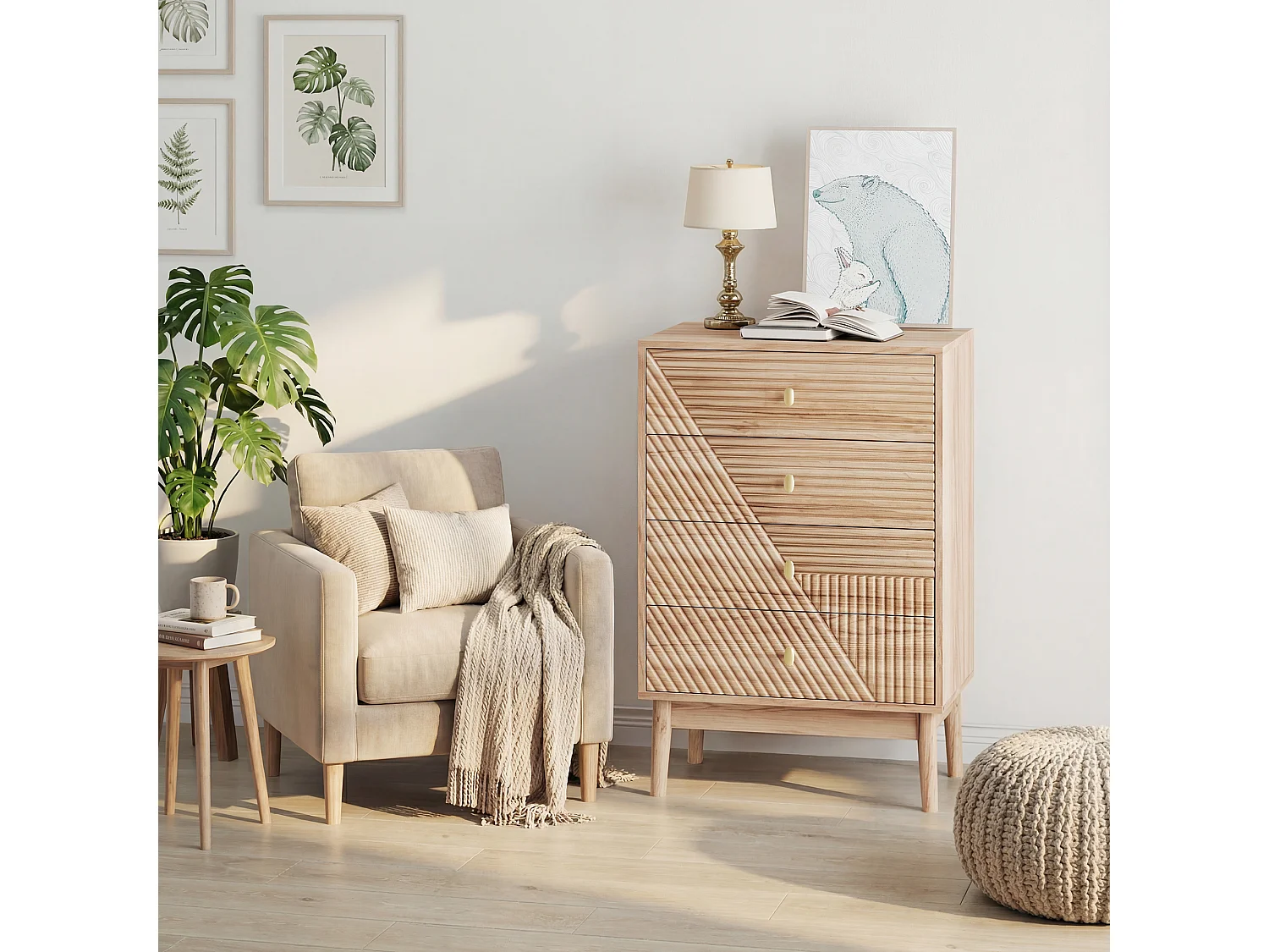 Commode scandinave 4 tiroirs effet bois chêne 4 tiroirs sculptées et pieds évasés 60x40x90cm