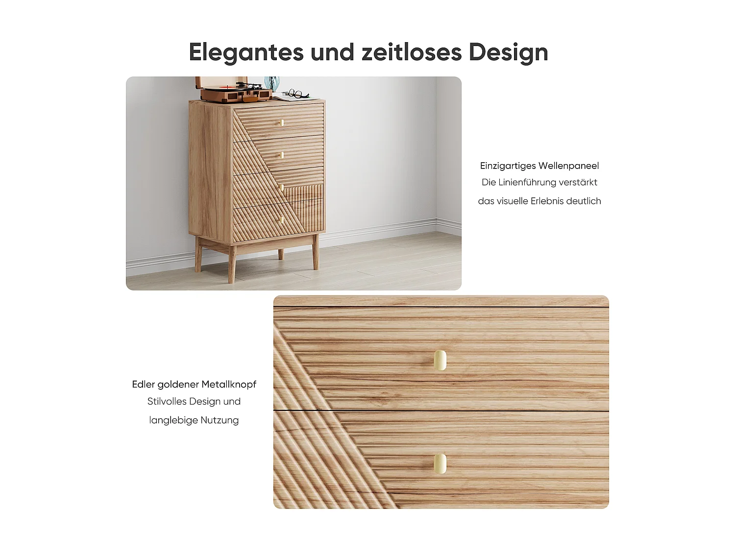 Commode scandinave 4 tiroirs effet bois chêne 4 tiroirs sculptées et pieds évasés 60x40x90cm