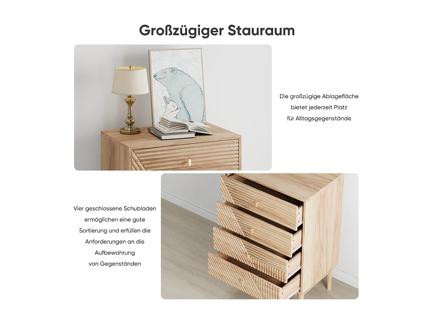 Commode scandinave 4 tiroirs effet bois chêne 4 tiroirs sculptées et pieds évasés 60x40x90cm