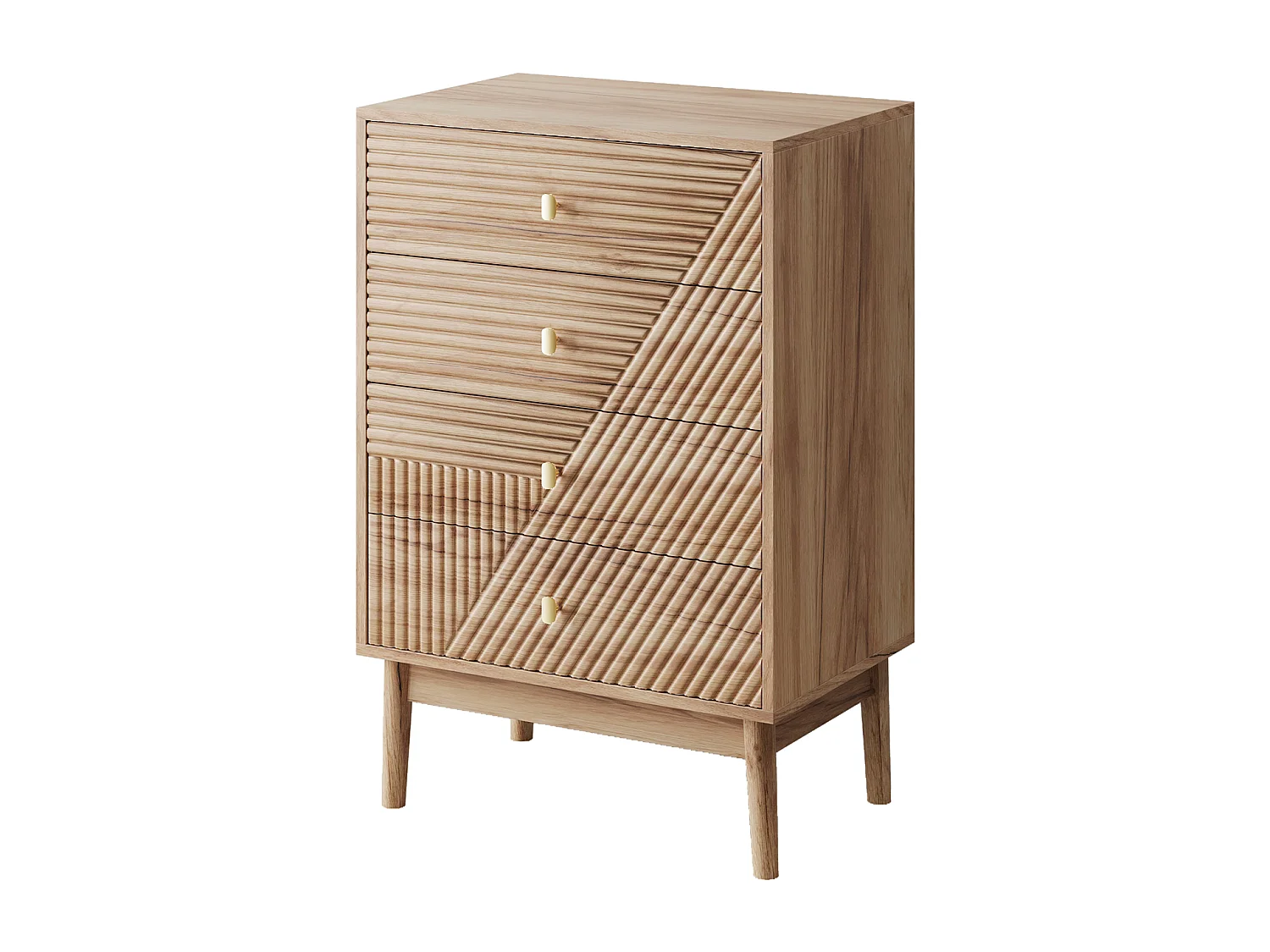 Commode scandinave 4 tiroirs effet bois chêne 4 tiroirs sculptées et pieds évasés 60x40x90cm