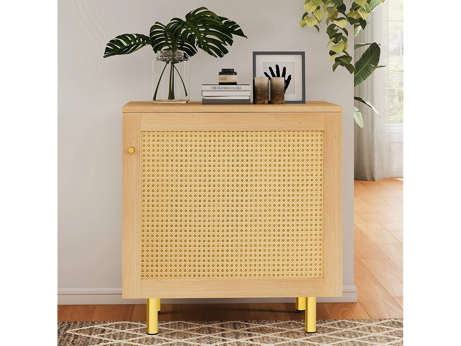 Buffet bas effet bois en rotin tressé 1 porte, 60x40x63 cm