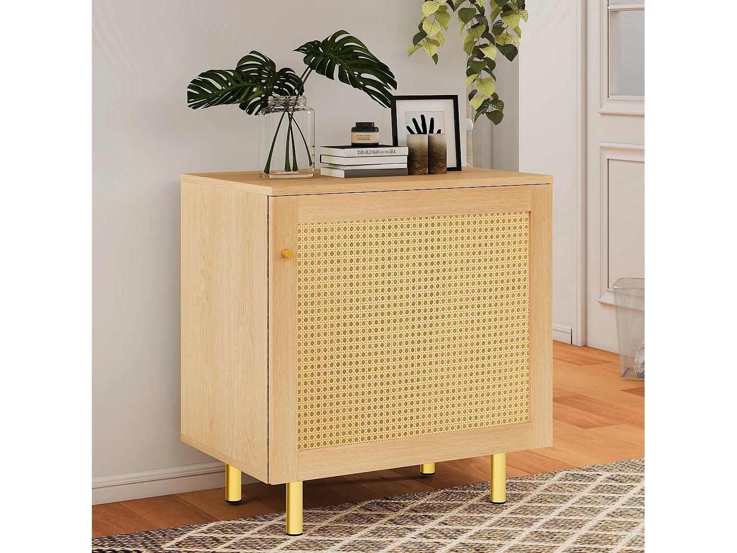 Buffet bas effet bois en rotin tressé 1 porte, 60x40x63 cm