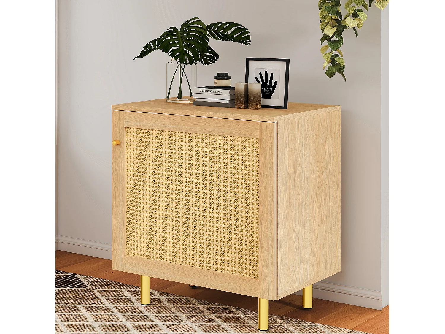 Buffet bas effet bois en rotin tressé 1 porte, 60x40x63 cm