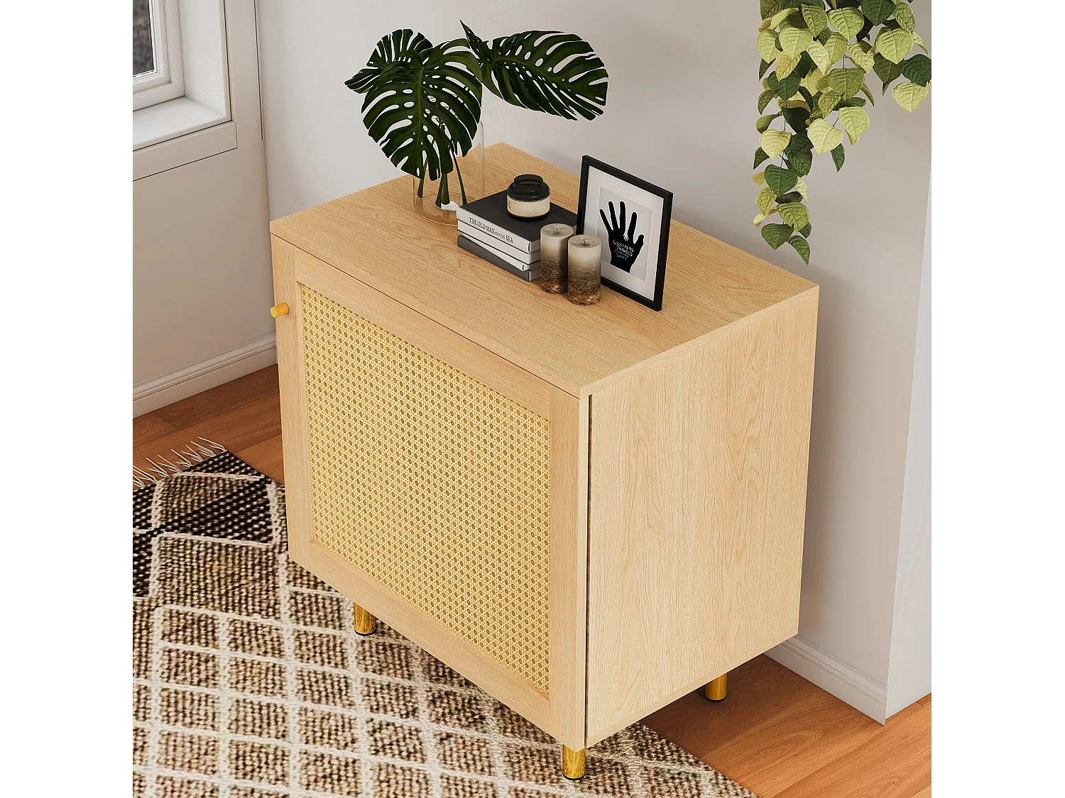Buffet bas effet bois en rotin tressé 1 porte, 60x40x63 cm