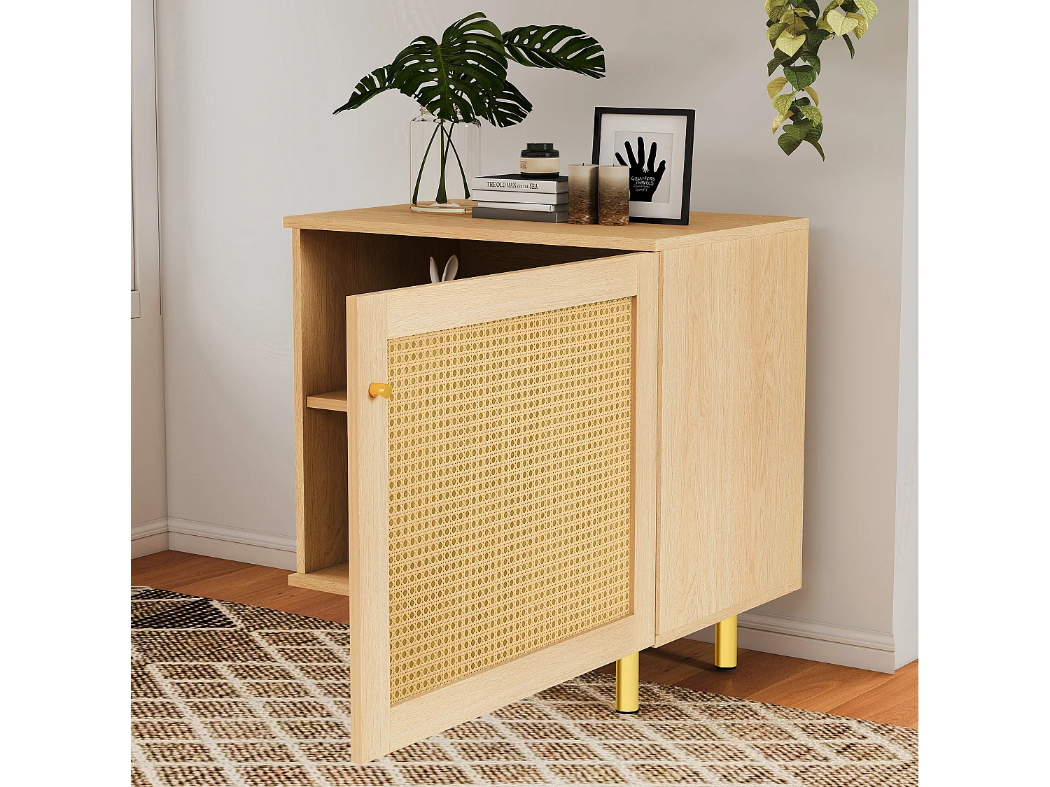 Buffet bas effet bois en rotin tressé 1 porte, 60x40x63 cm