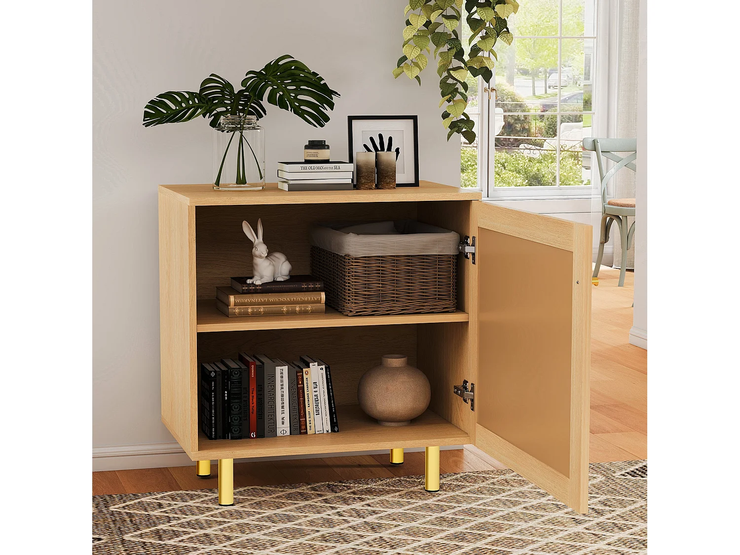 Buffet bas effet bois en rotin tressé 1 porte, 60x40x63 cm