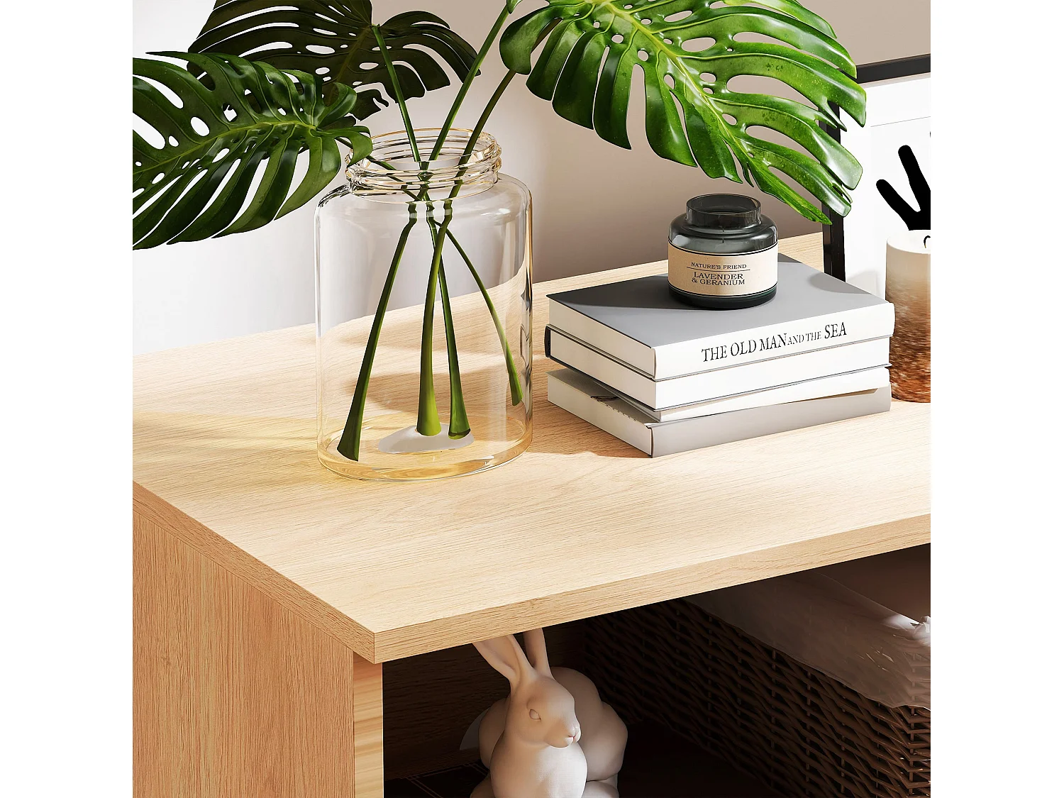 Buffet bas effet bois en rotin tressé 1 porte, 60x40x63 cm