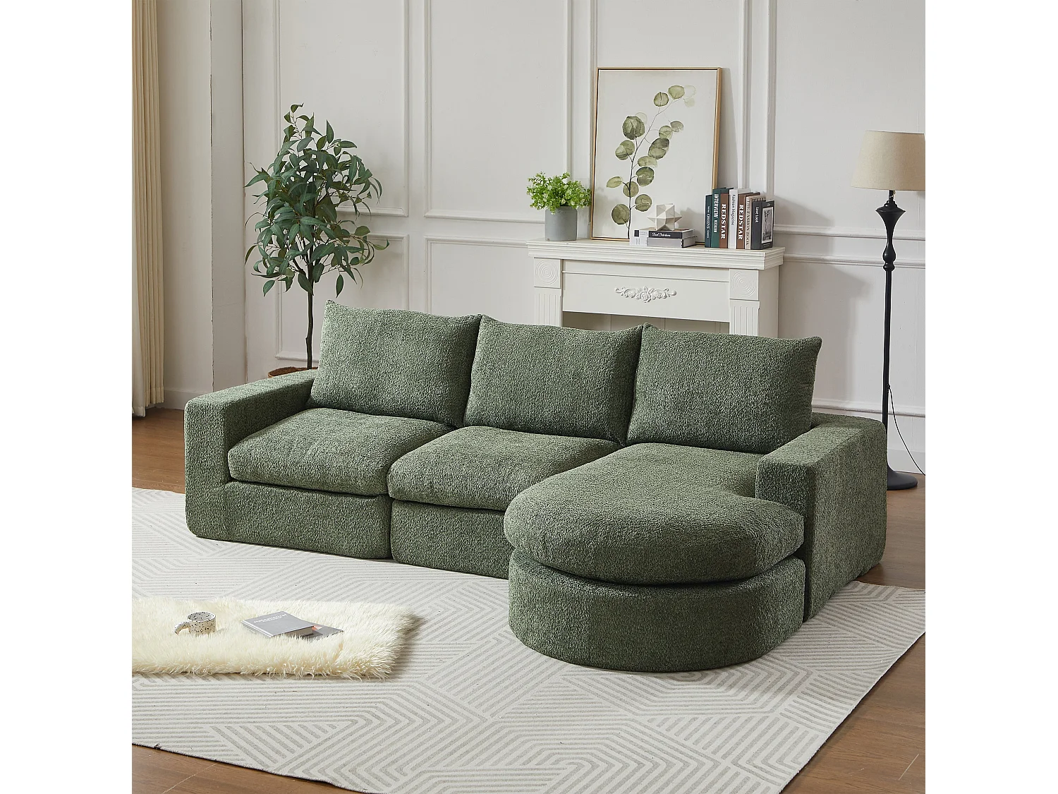 Canapé modulable 3 places en chenille vert avec méridienne, sans cadre sans montage