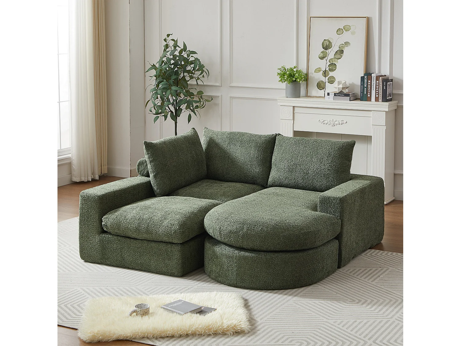 Canapé modulable 3 places en chenille vert avec méridienne, sans cadre sans montage