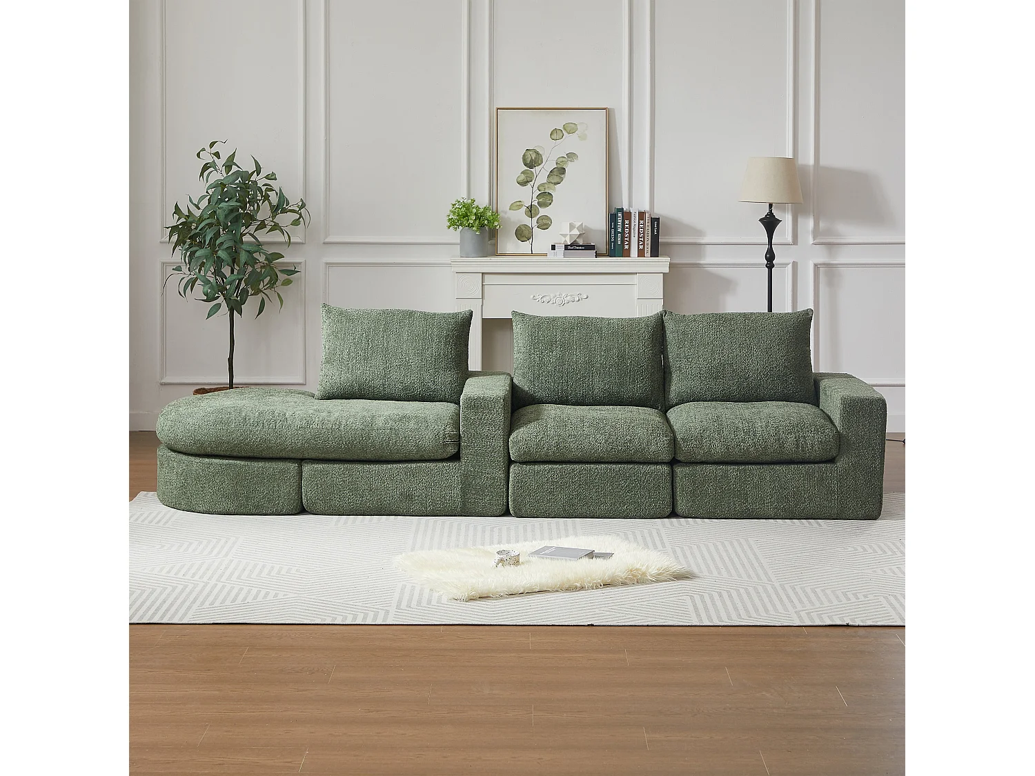 Canapé modulable 3 places en chenille vert avec méridienne, sans cadre sans montage