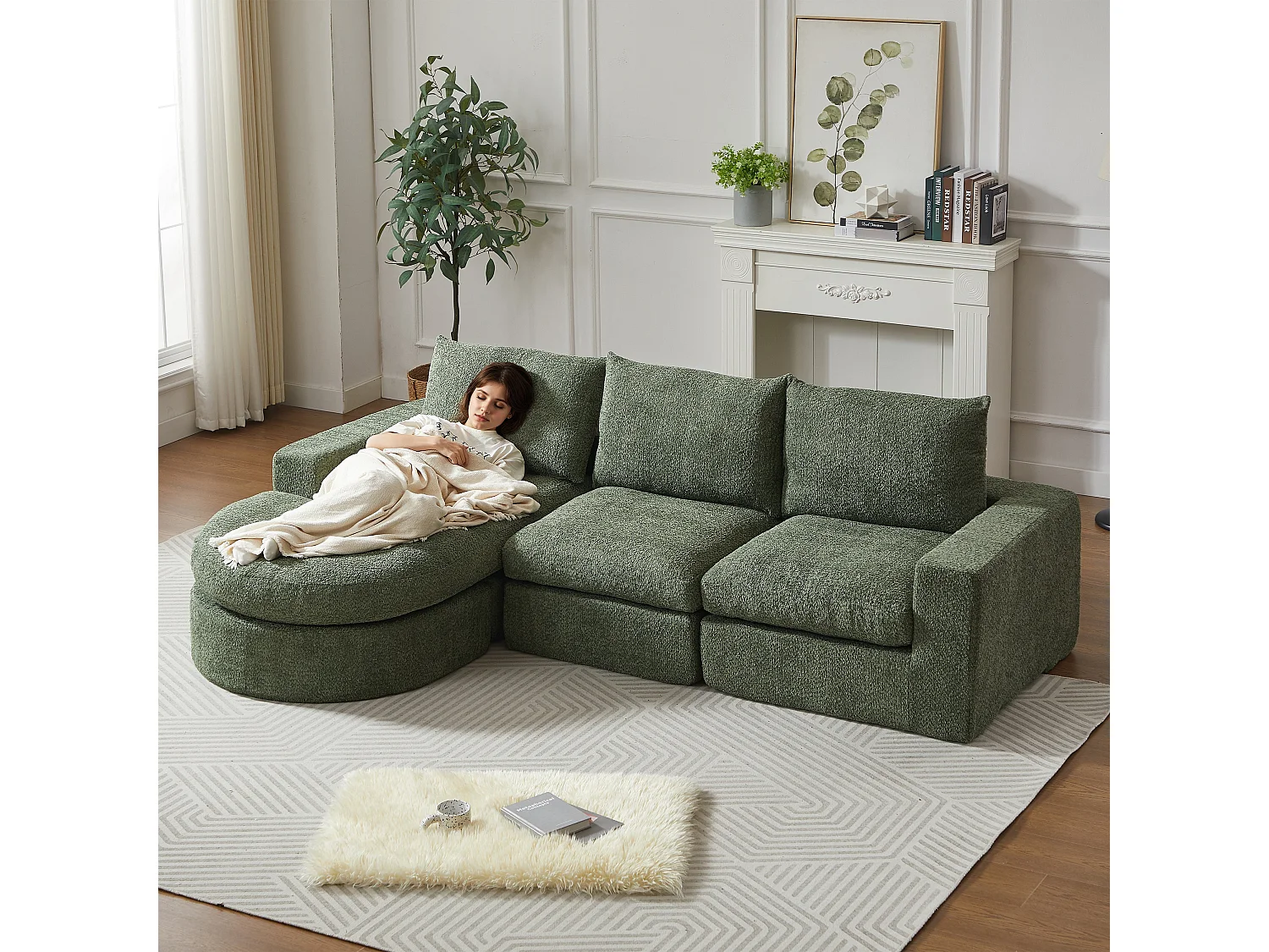 Canapé modulable 3 places en chenille vert avec méridienne, sans cadre sans montage