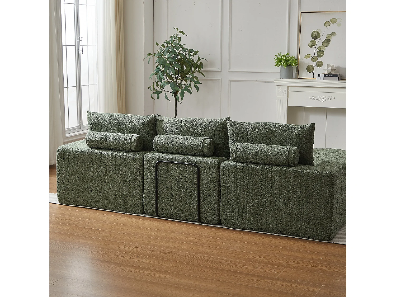 Canapé modulable 3 places en chenille vert avec méridienne, sans cadre sans montage