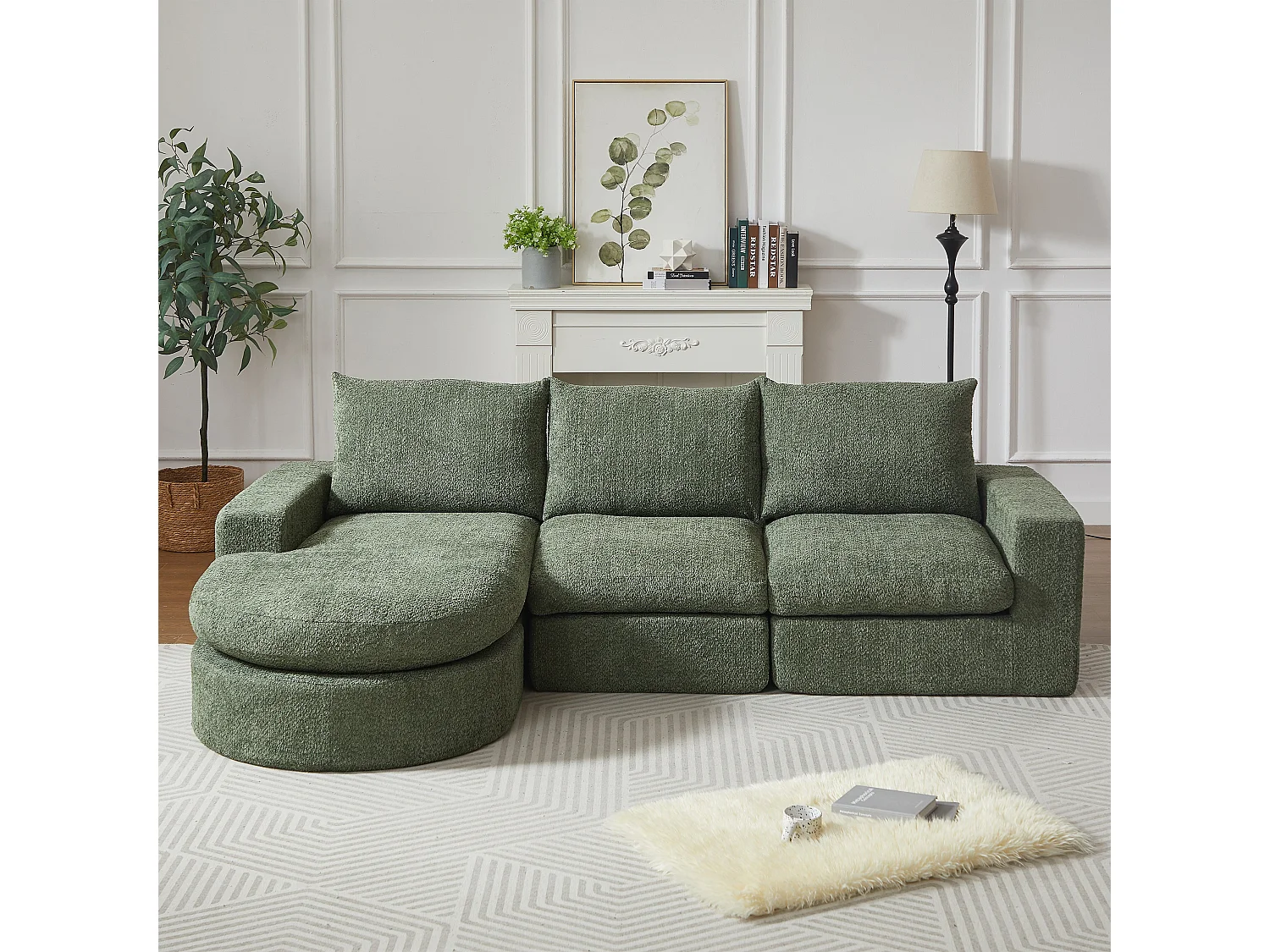 Canapé modulable 3 places en chenille vert avec méridienne, sans cadre sans montage
