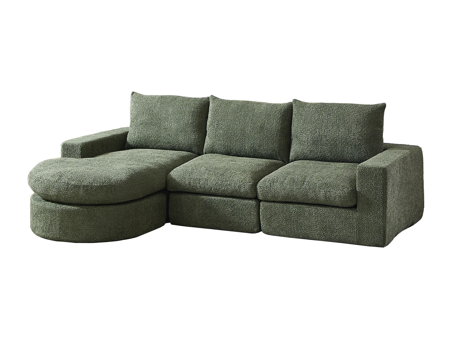 Canapé modulable 3 places en chenille vert avec méridienne, sans cadre sans montage