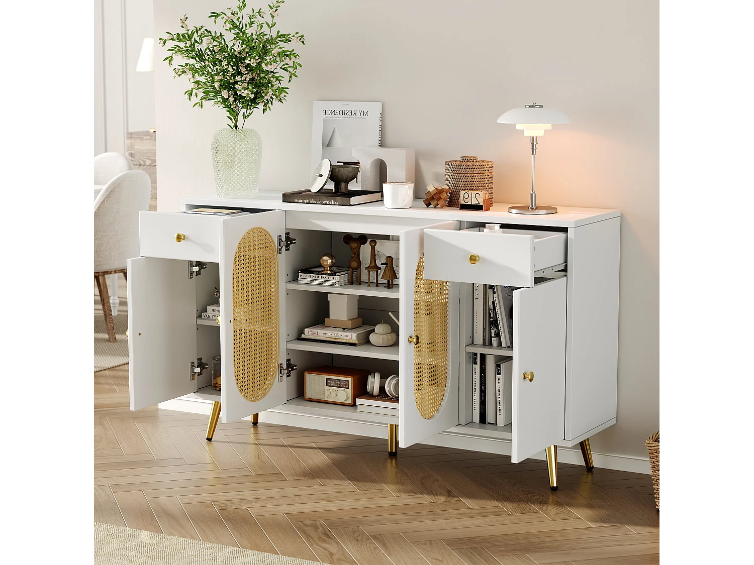 Buffet blanc rotin 2 tiroirs 4 portes 140x35x82cm