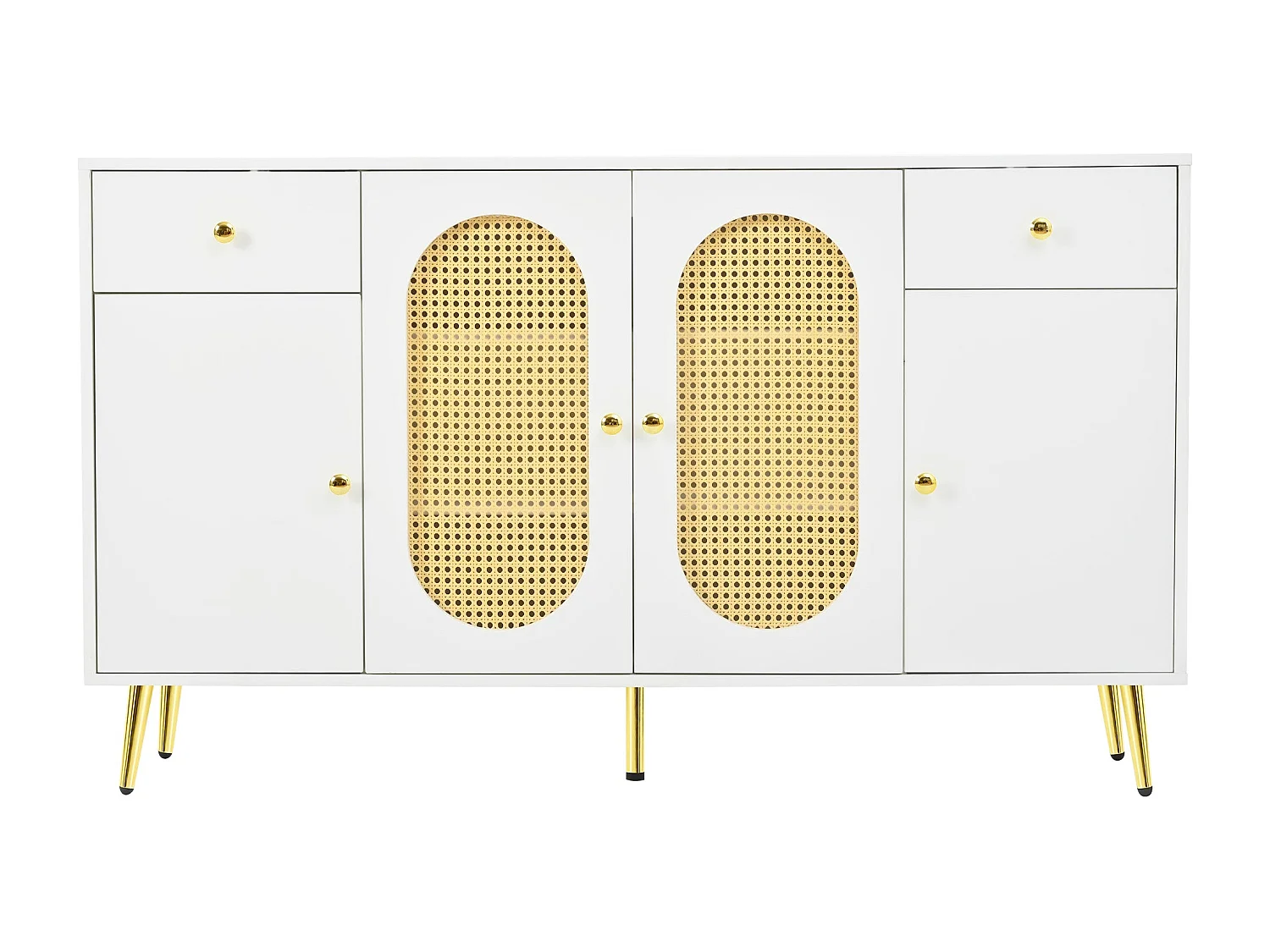 Buffet blanc rotin 2 tiroirs 4 portes 140x35x82cm