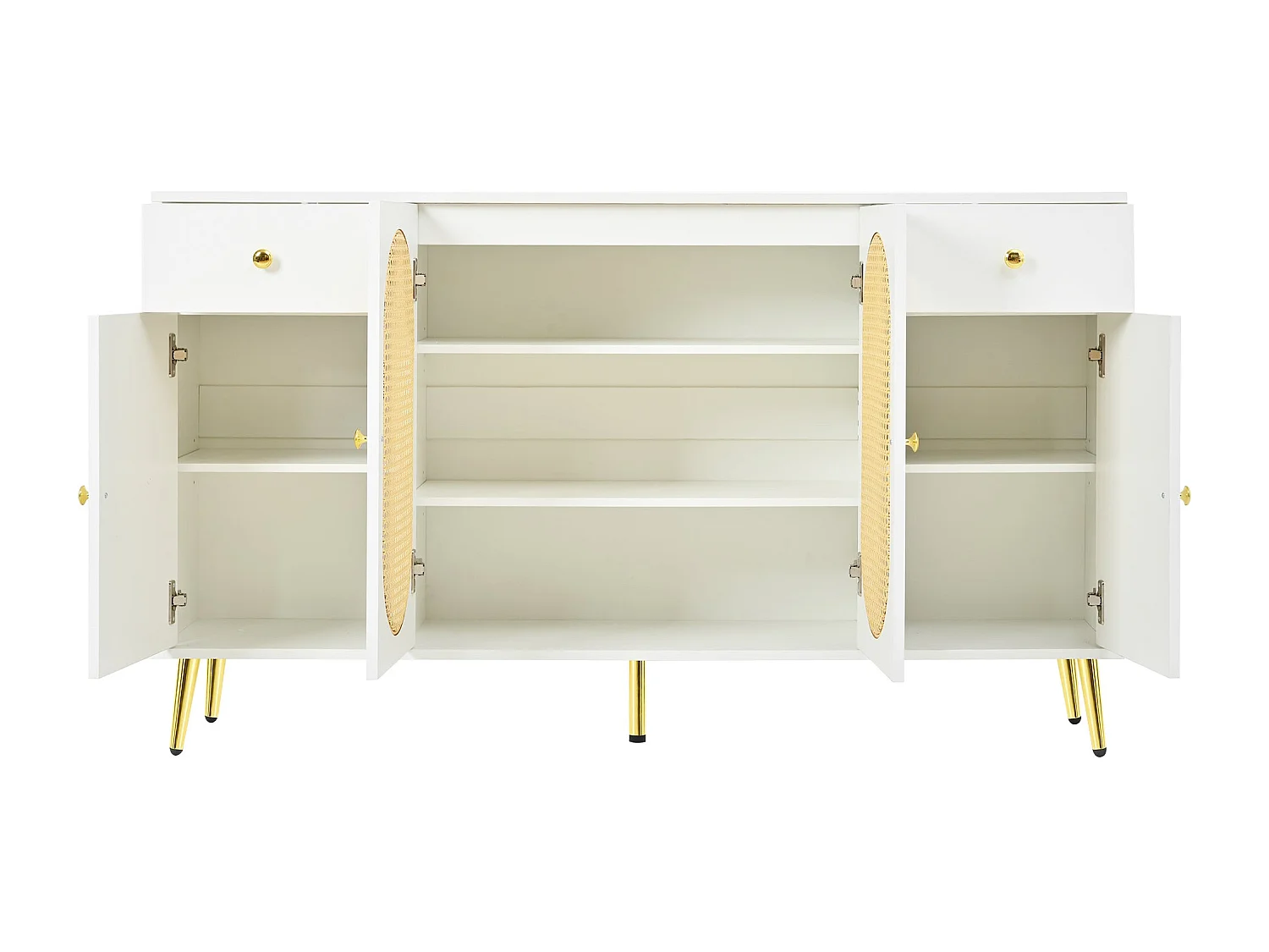 Buffet blanc rotin 2 tiroirs 4 portes 140x35x82cm