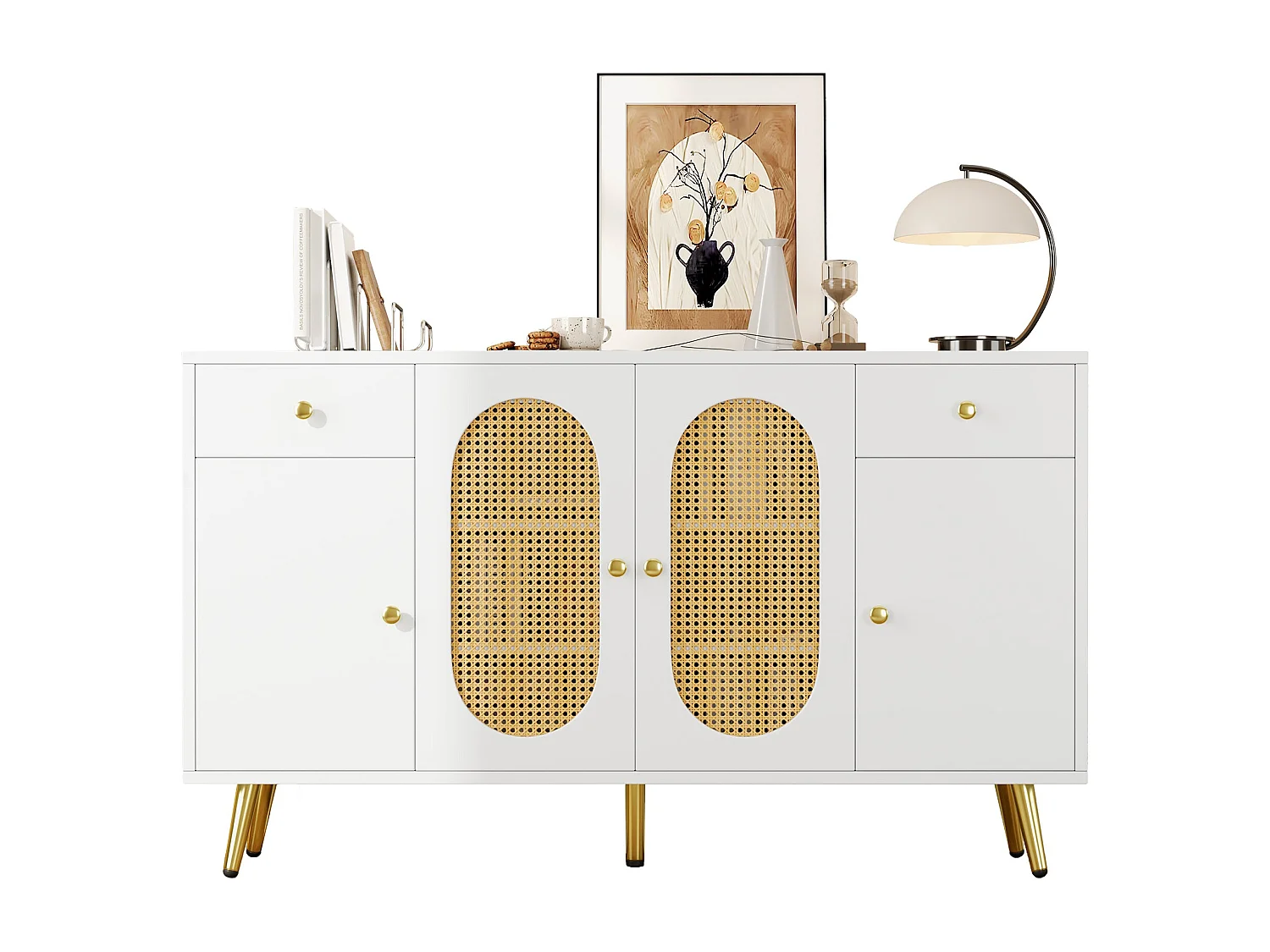 Buffet blanc rotin 2 tiroirs 4 portes 140x35x82cm
