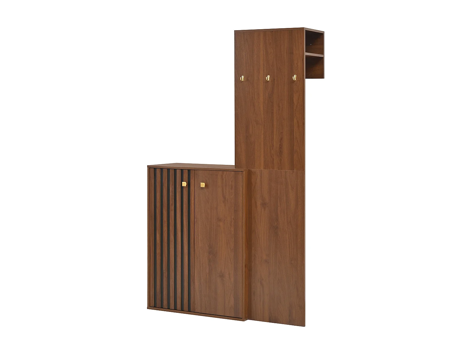 Vestiaire d'entrée effet bois noyer compacte, penderie et meuble à chaussures 115x38,5x191,5cm
