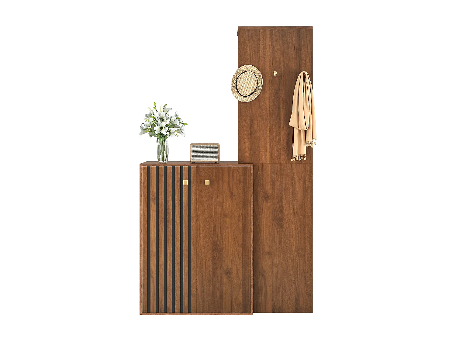 Vestiaire d'entrée effet bois noyer compacte, penderie et meuble à chaussures 115x38,5x191,5cm