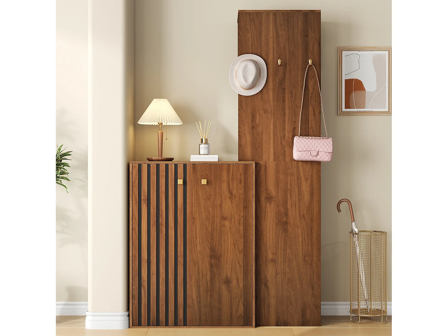 Vestiaire d'entrée effet bois noyer compacte, penderie et meuble à chaussures 115x38,5x191,5cm