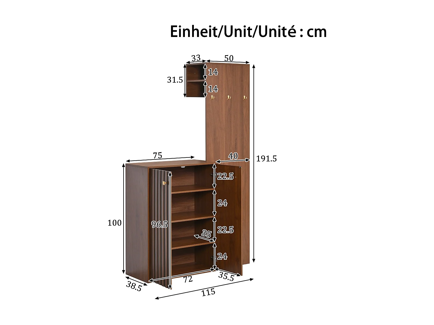 Vestiaire d'entrée effet bois noyer compacte, penderie et meuble à chaussures 115x38,5x191,5cm