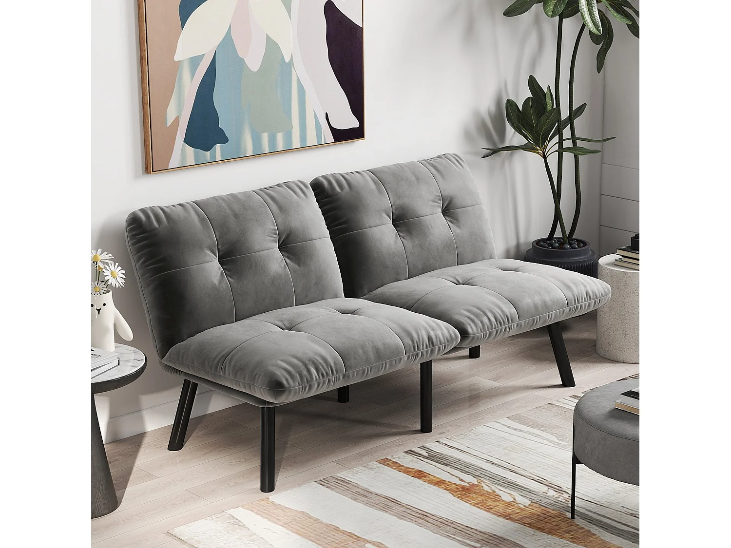 Canapé lit banquette convertible futon CLIC-CLAC en tissu velours gris