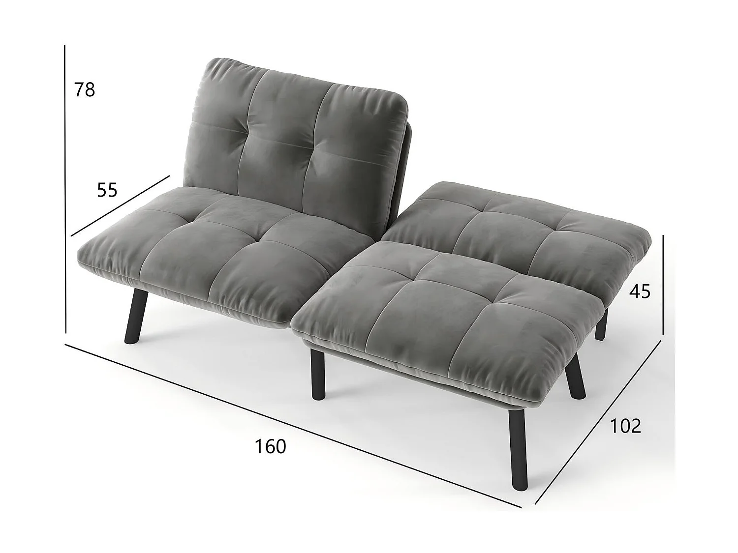 Canapé lit banquette convertible futon CLIC-CLAC en tissu velours gris