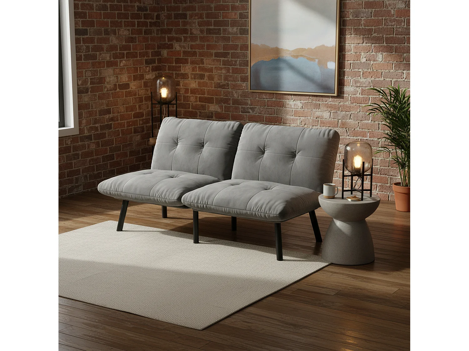 Canapé lit banquette convertible futon CLIC-CLAC en tissu velours gris