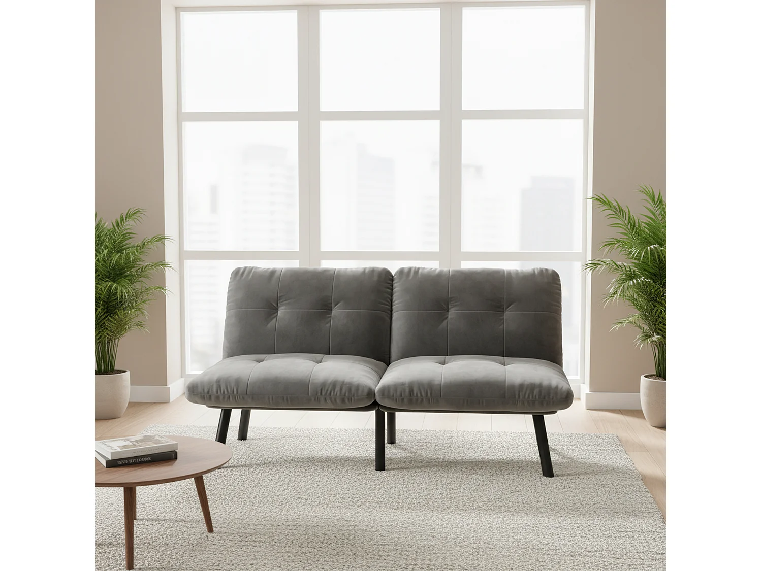Canapé lit banquette convertible futon CLIC-CLAC en tissu velours gris