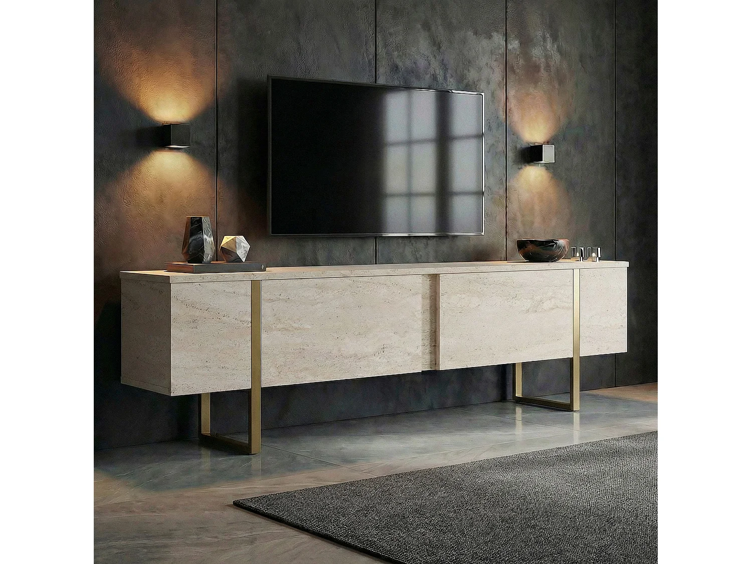 TV-Möbel aus Holz "Onera" - 180 x 30 x 50 cm - Travertin / Gold