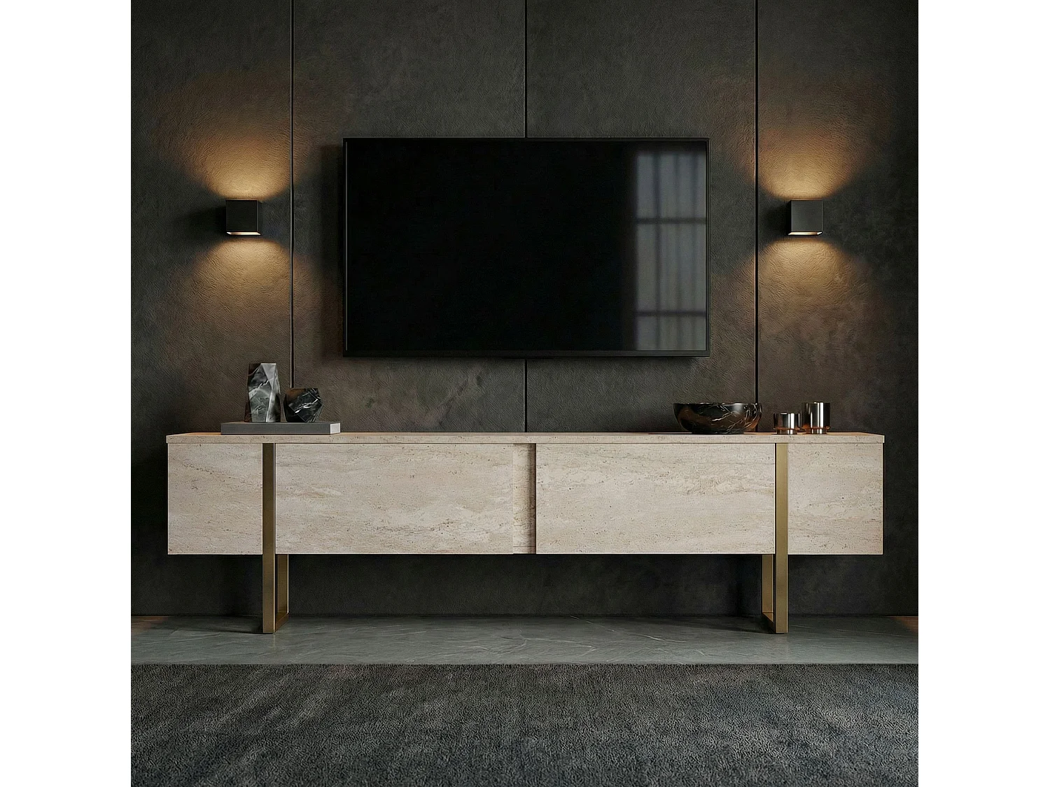 TV-Möbel aus Holz "Onera" - 180 x 30 x 50 cm - Travertin / Gold