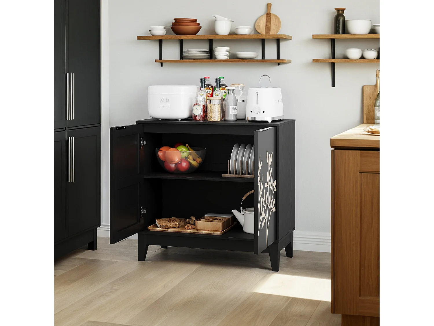 Buffet noir style champêtre à 2 porte avec motifs floraux gaufrés