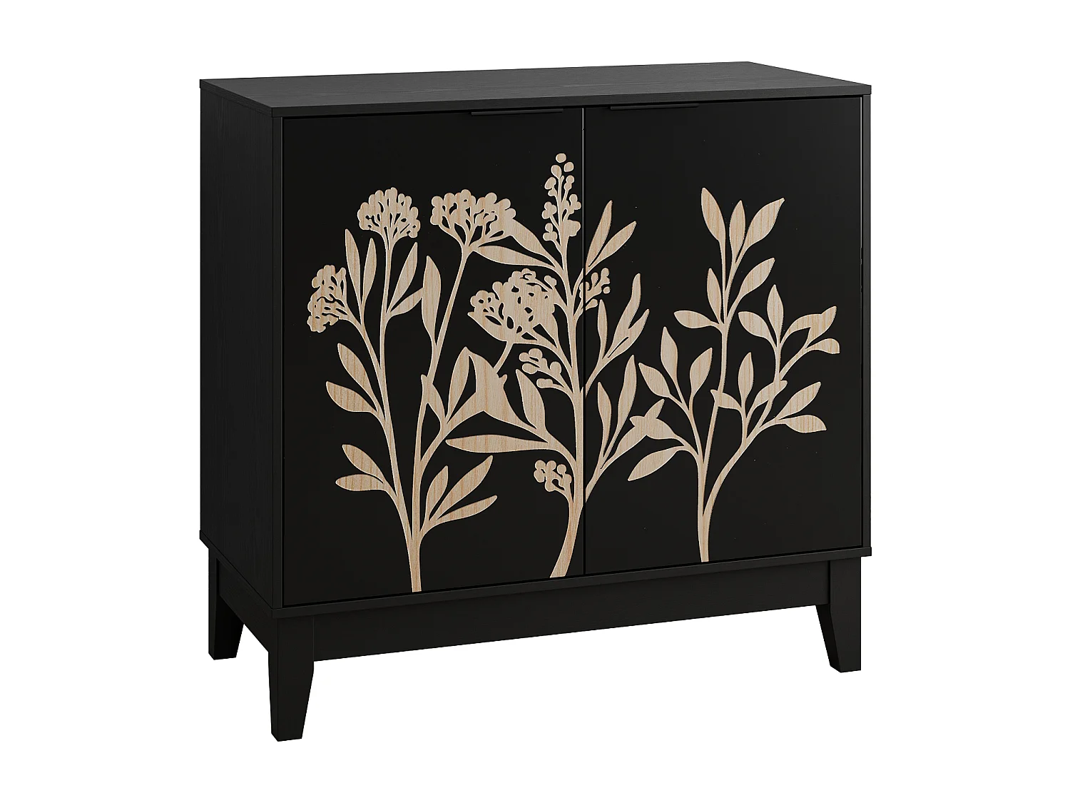 Buffet noir style champêtre à 2 porte avec motifs floraux gaufrés