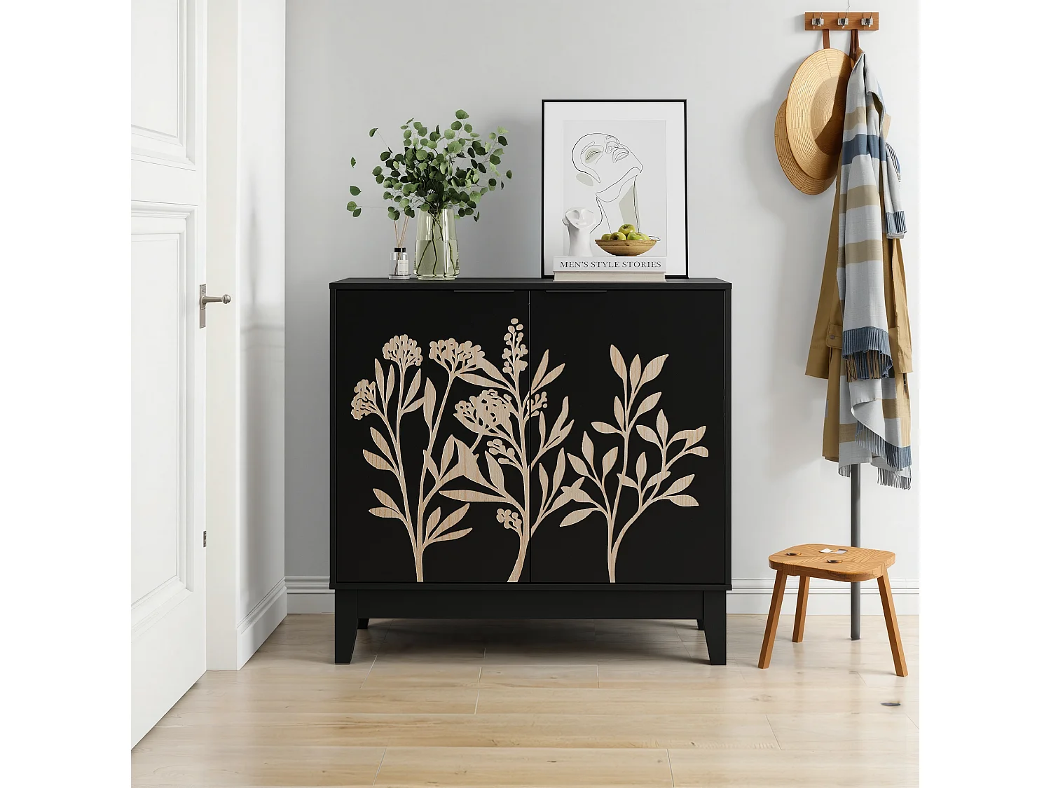 Buffet noir style champêtre à 2 porte avec motifs floraux gaufrés