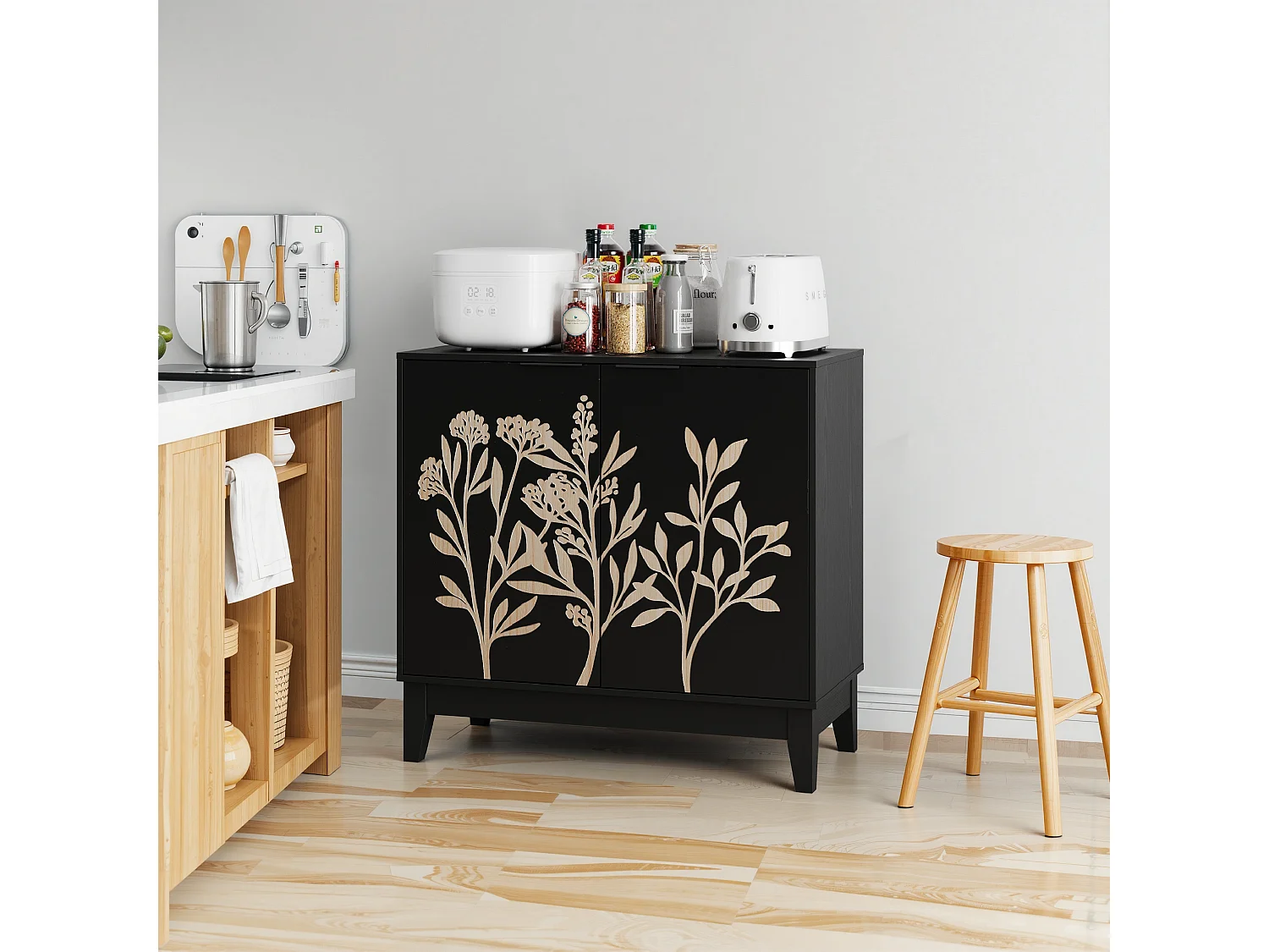 Buffet noir style champêtre à 2 porte avec motifs floraux gaufrés