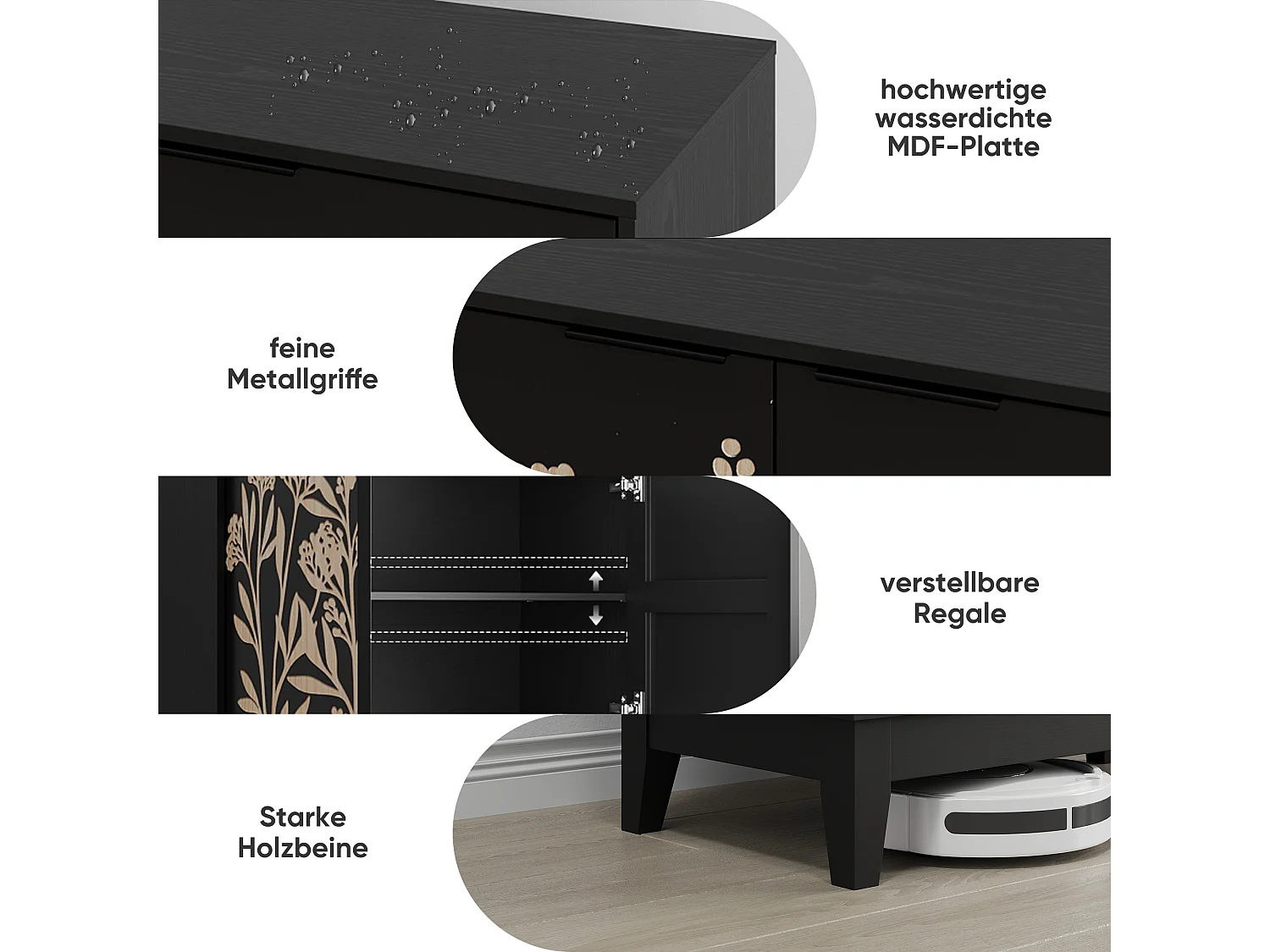 Buffet noir style champêtre à 2 porte avec motifs floraux gaufrés