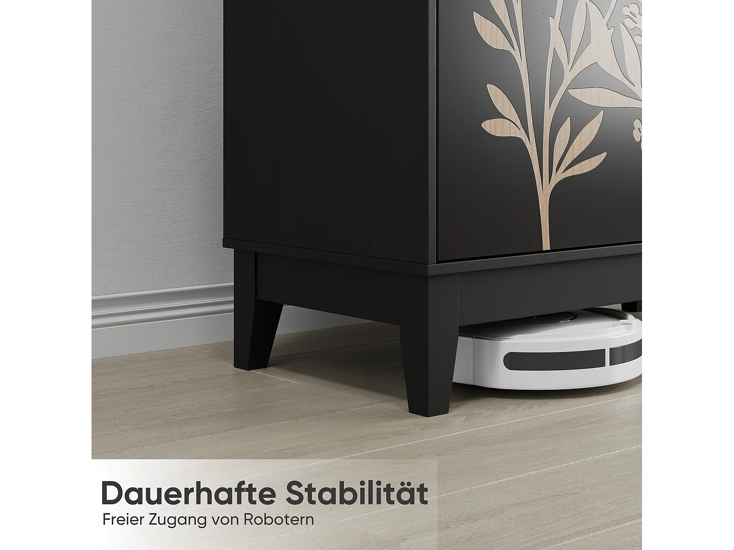 Buffet noir style champêtre à 2 porte avec motifs floraux gaufrés