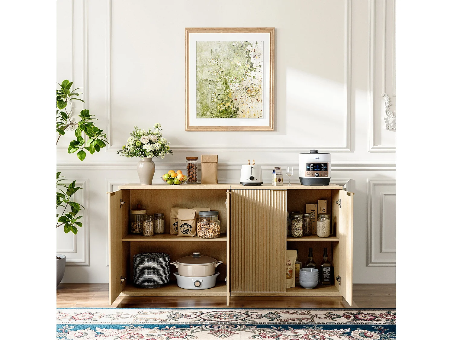 Buffet effet bois clair façade cannelée et finition dorée 80x40x80 cm