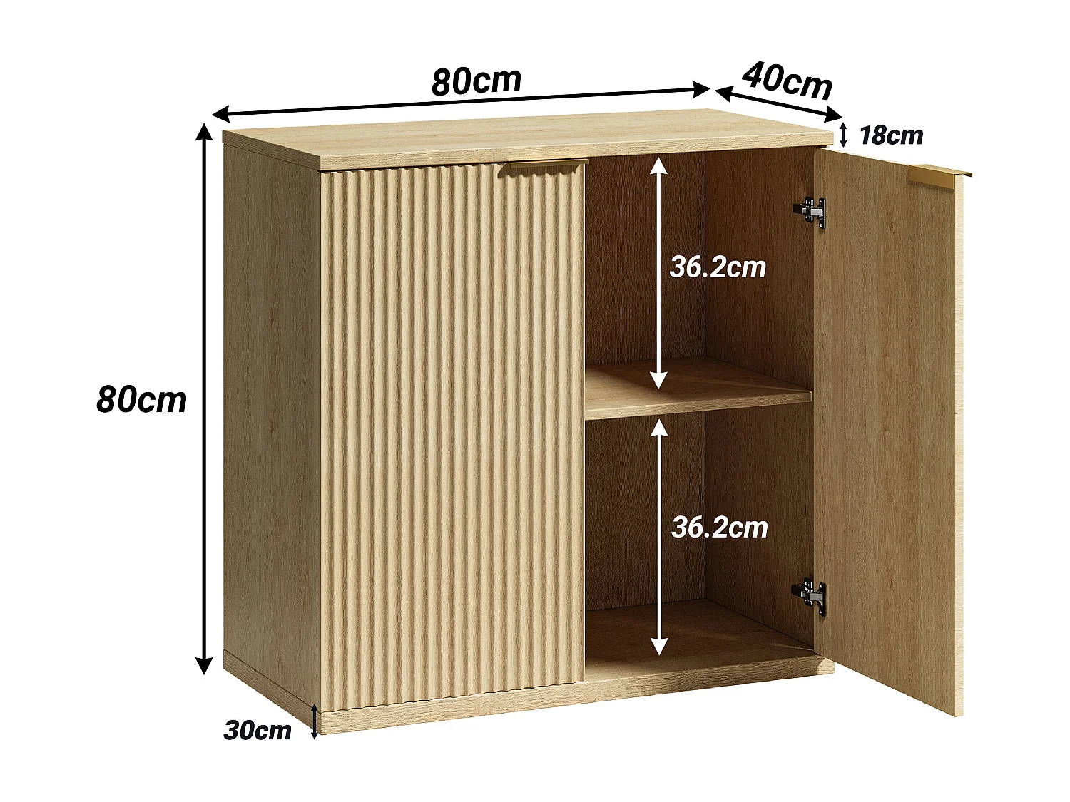 Buffet effet bois clair façade cannelée et finition dorée 80x40x80 cm