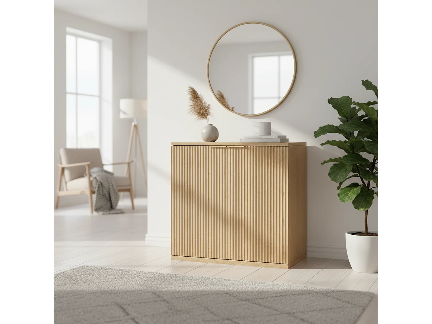 Buffet effet bois clair façade cannelée et finition dorée 80x40x80 cm