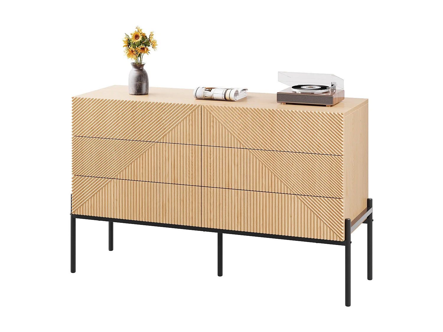 Buffet effet bois naturel géométrique 3D, 6 tiroirs 115,5x38x75cm