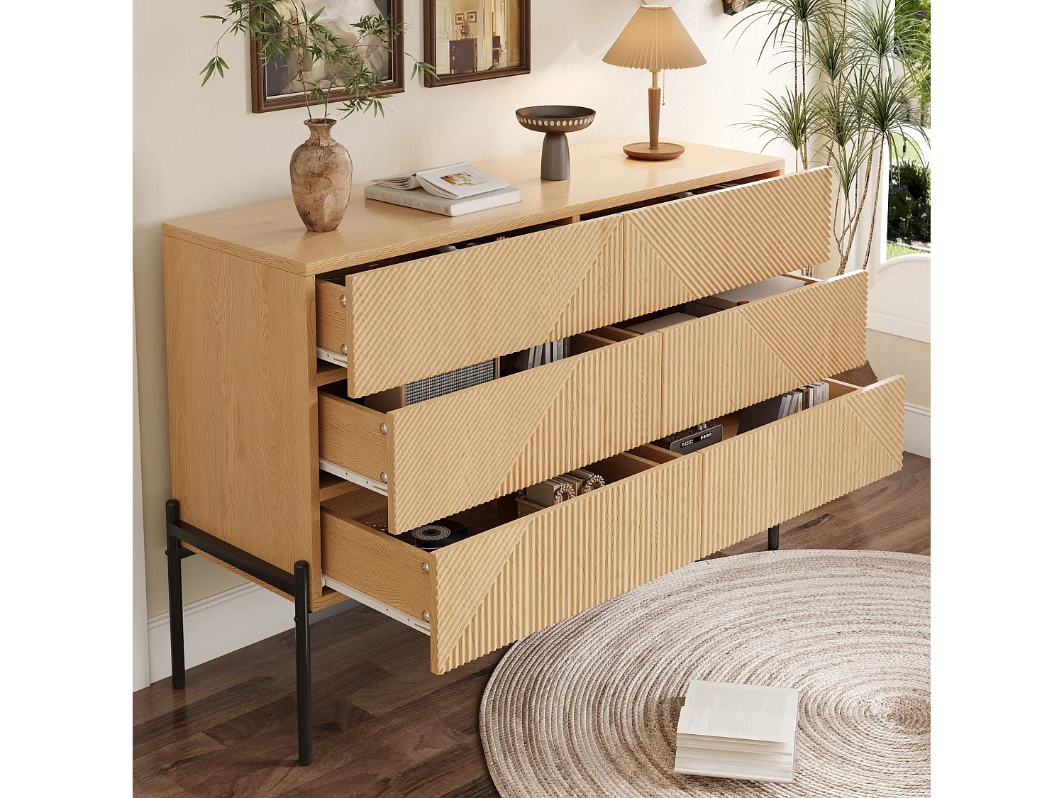 Buffet effet bois naturel géométrique 3D, 6 tiroirs 115,5x38x75cm