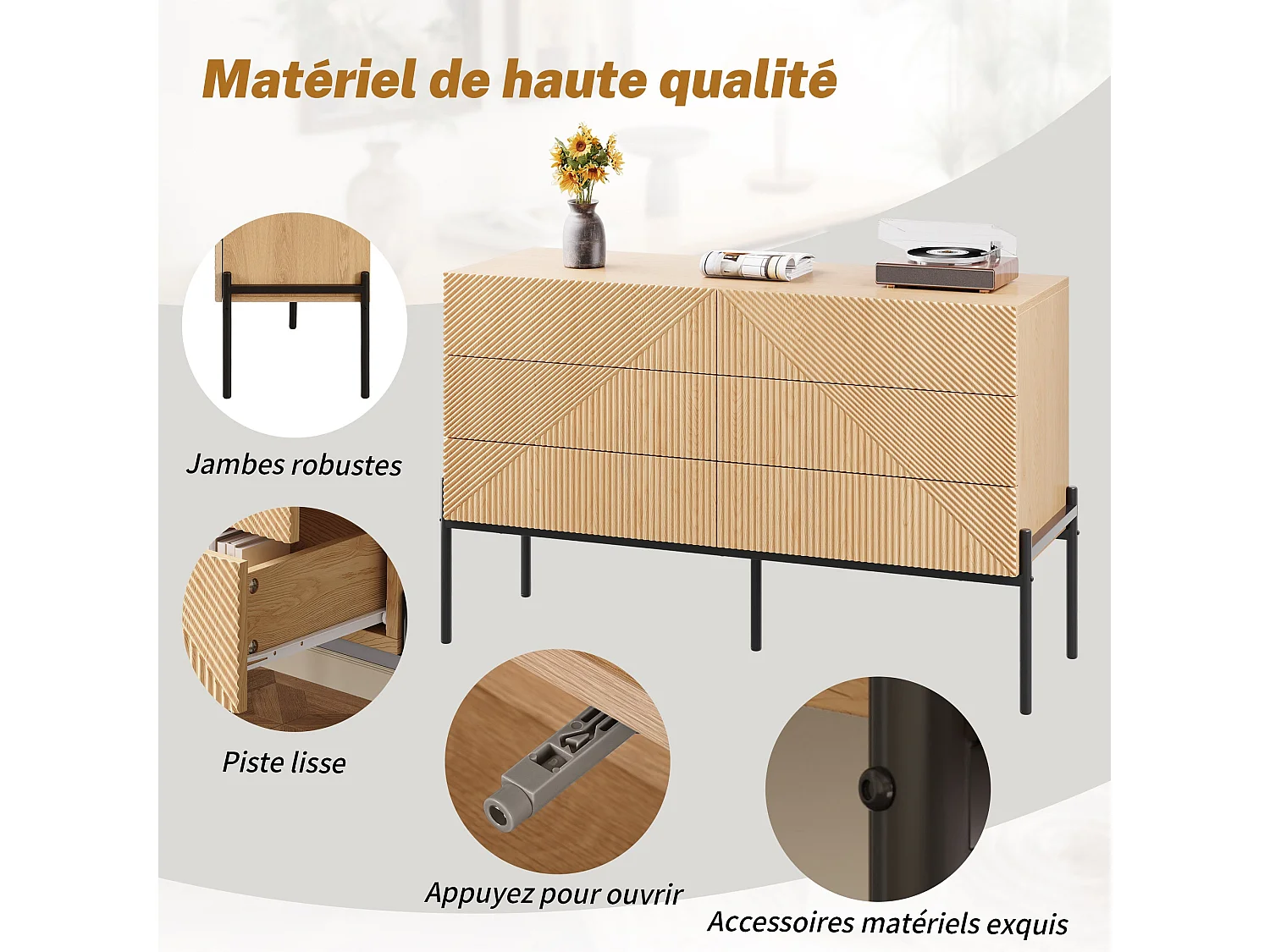 Buffet effet bois naturel géométrique 3D, 6 tiroirs 115,5x38x75cm