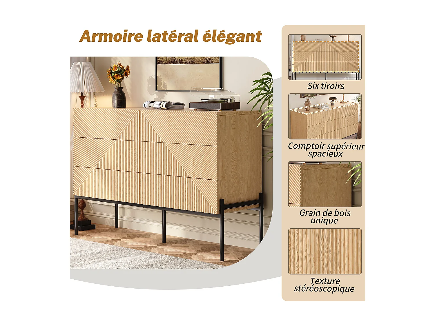 Buffet effet bois naturel géométrique 3D, 6 tiroirs 115,5x38x75cm