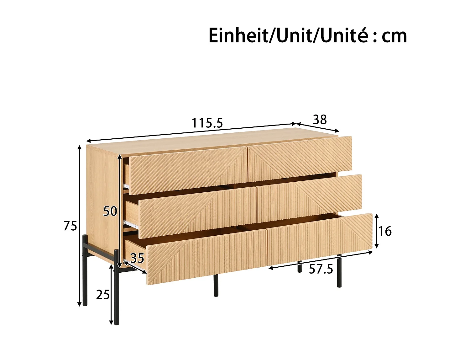 Buffet effet bois naturel géométrique 3D, 6 tiroirs 115,5x38x75cm