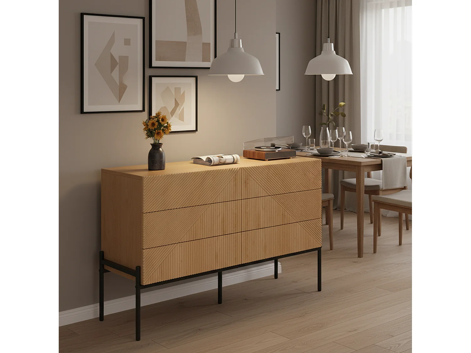 Buffet effet bois naturel géométrique 3D, 6 tiroirs 115,5x38x75cm